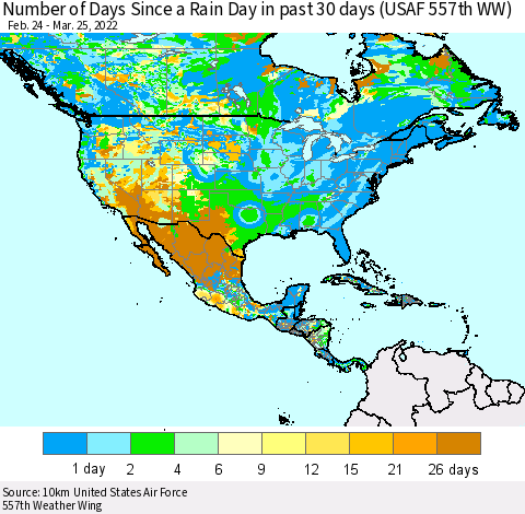North America Number of Days Since a Rain Day in past 30 days (USAF 557th WW) Thematic Map For 3/21/2022 - 3/25/2022