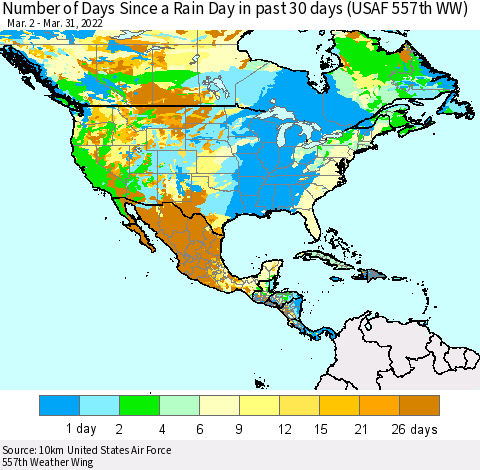 North America Number of Days Since a Rain Day in past 30 days (USAF 557th WW) Thematic Map For 3/26/2022 - 3/31/2022