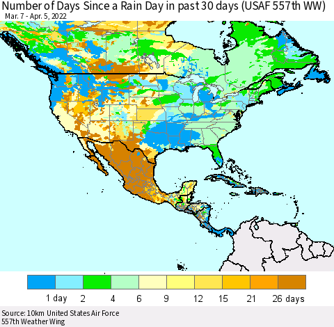 North America Number of Days Since a Rain Day in past 30 days (USAF 557th WW) Thematic Map For 4/1/2022 - 4/5/2022