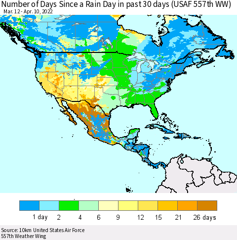 North America Number of Days Since a Rain Day in past 30 days (USAF 557th WW) Thematic Map For 4/6/2022 - 4/10/2022