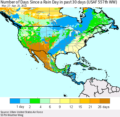 North America Number of Days Since a Rain Day in past 30 days (USAF 557th WW) Thematic Map For 4/21/2022 - 4/25/2022