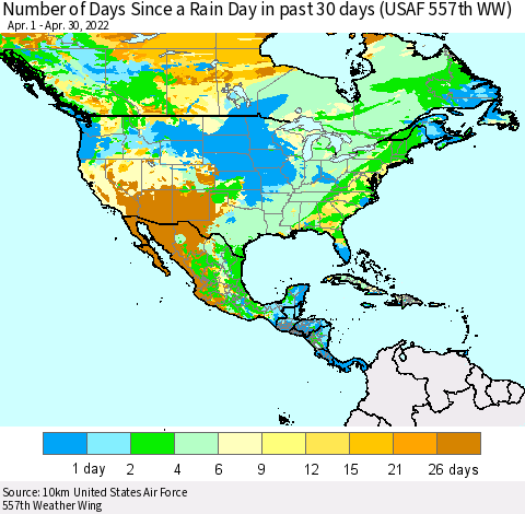 North America Number of Days Since a Rain Day in past 30 days (USAF 557th WW) Thematic Map For 4/26/2022 - 4/30/2022