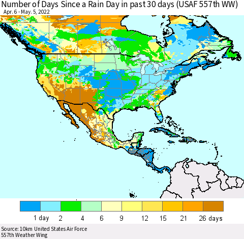 North America Number of Days Since a Rain Day in past 30 days (USAF 557th WW) Thematic Map For 5/1/2022 - 5/5/2022