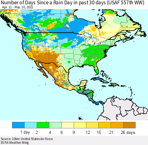 North America Number of Days Since a Rain Day in past 30 days (USAF 557th WW) Thematic Map For 5/6/2022 - 5/10/2022