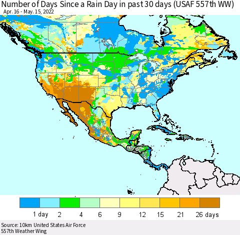 North America Number of Days Since a Rain Day in past 30 days (USAF 557th WW) Thematic Map For 5/11/2022 - 5/15/2022