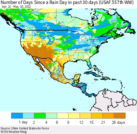 North America Number of Days Since a Rain Day in past 30 days (USAF 557th WW) Thematic Map For 5/16/2022 - 5/20/2022