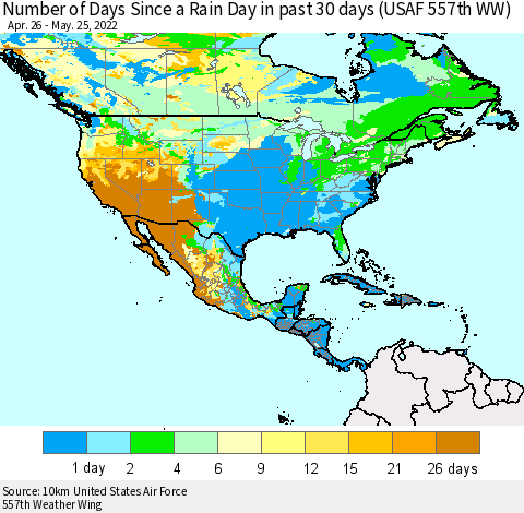 North America Number of Days Since a Rain Day in past 30 days (USAF 557th WW) Thematic Map For 5/21/2022 - 5/25/2022