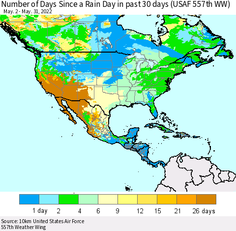 North America Number of Days Since a Rain Day in past 30 days (USAF 557th WW) Thematic Map For 5/26/2022 - 5/31/2022