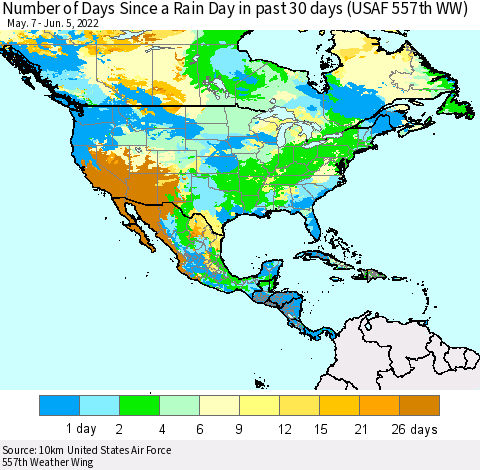North America Number of Days Since a Rain Day in past 30 days (USAF 557th WW) Thematic Map For 6/1/2022 - 6/5/2022