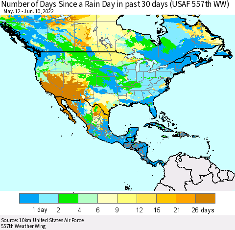 North America Number of Days Since a Rain Day in past 30 days (USAF 557th WW) Thematic Map For 6/6/2022 - 6/10/2022