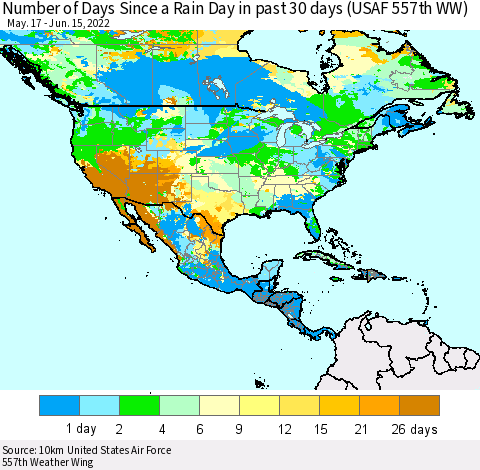 North America Number of Days Since a Rain Day in past 30 days (USAF 557th WW) Thematic Map For 6/11/2022 - 6/15/2022