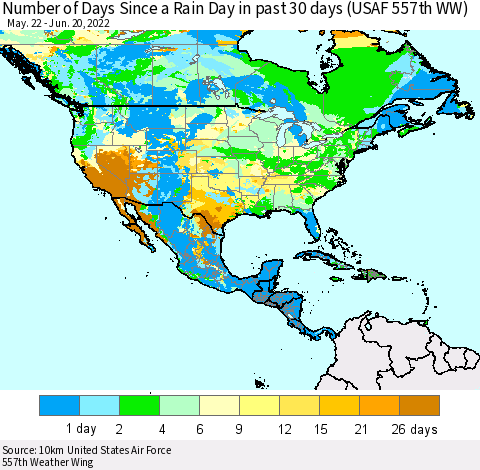 North America Number of Days Since a Rain Day in past 30 days (USAF 557th WW) Thematic Map For 6/16/2022 - 6/20/2022