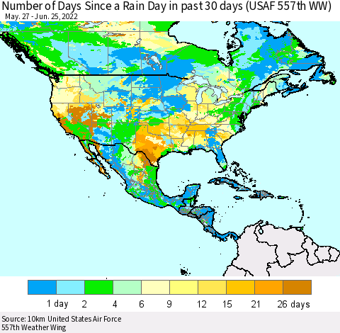 North America Number of Days Since a Rain Day in past 30 days (USAF 557th WW) Thematic Map For 6/21/2022 - 6/25/2022