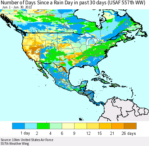 North America Number of Days Since a Rain Day in past 30 days (USAF 557th WW) Thematic Map For 6/26/2022 - 6/30/2022