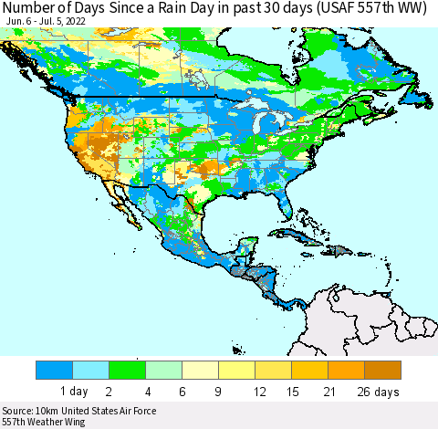 North America Number of Days Since a Rain Day in past 30 days (USAF 557th WW) Thematic Map For 7/1/2022 - 7/5/2022
