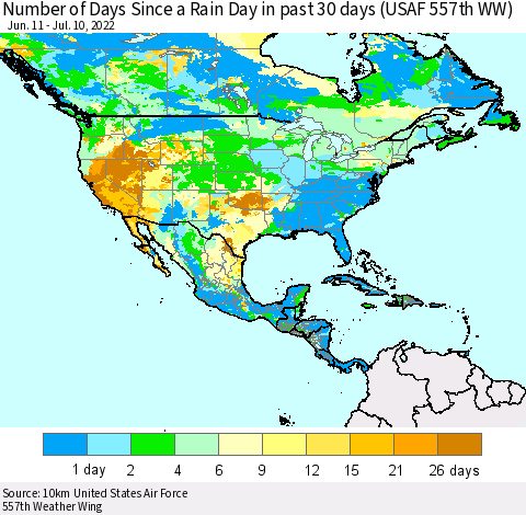 North America Number of Days Since a Rain Day in past 30 days (USAF 557th WW) Thematic Map For 7/6/2022 - 7/10/2022