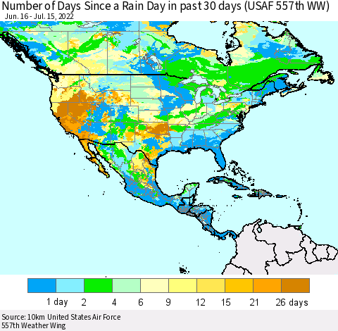 North America Number of Days Since a Rain Day in past 30 days (USAF 557th WW) Thematic Map For 7/11/2022 - 7/15/2022