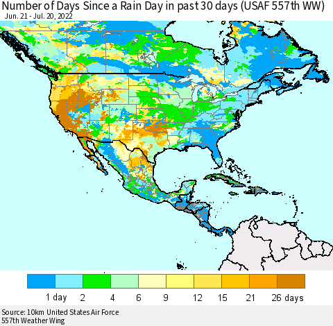 North America Number of Days Since a Rain Day in past 30 days (USAF 557th WW) Thematic Map For 7/16/2022 - 7/20/2022