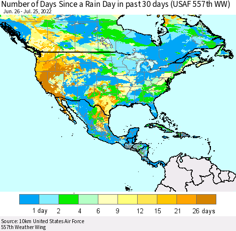 North America Number of Days Since a Rain Day in past 30 days (USAF 557th WW) Thematic Map For 7/21/2022 - 7/25/2022