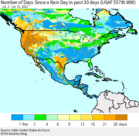 North America Number of Days Since a Rain Day in past 30 days (USAF 557th WW) Thematic Map For 7/26/2022 - 7/31/2022