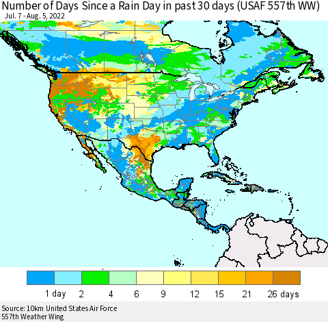 North America Number of Days Since a Rain Day in past 30 days (USAF 557th WW) Thematic Map For 8/1/2022 - 8/5/2022