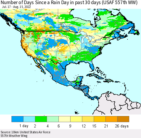 North America Number of Days Since a Rain Day in past 30 days (USAF 557th WW) Thematic Map For 8/11/2022 - 8/15/2022