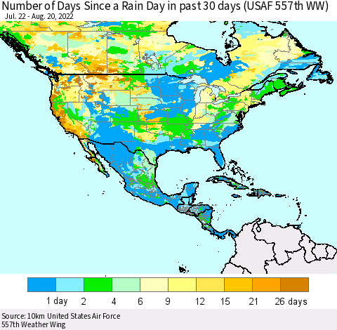 North America Number of Days Since a Rain Day in past 30 days (USAF 557th WW) Thematic Map For 8/16/2022 - 8/20/2022
