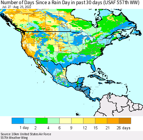 North America Number of Days Since a Rain Day in past 30 days (USAF 557th WW) Thematic Map For 8/21/2022 - 8/25/2022