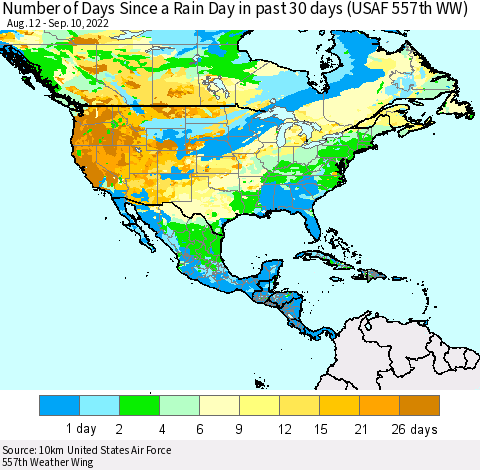 North America Number of Days Since a Rain Day in past 30 days (USAF 557th WW) Thematic Map For 9/6/2022 - 9/10/2022