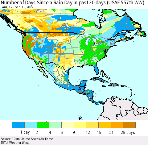 North America Number of Days Since a Rain Day in past 30 days (USAF 557th WW) Thematic Map For 9/11/2022 - 9/15/2022