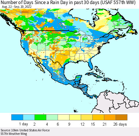 North America Number of Days Since a Rain Day in past 30 days (USAF 557th WW) Thematic Map For 9/16/2022 - 9/20/2022