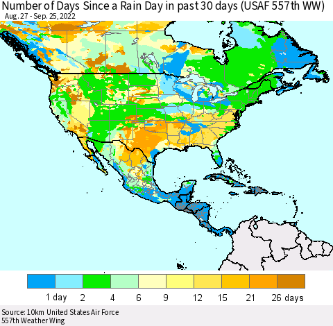 North America Number of Days Since a Rain Day in past 30 days (USAF 557th WW) Thematic Map For 9/21/2022 - 9/25/2022