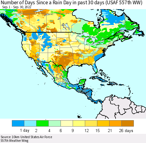 North America Number of Days Since a Rain Day in past 30 days (USAF 557th WW) Thematic Map For 9/26/2022 - 9/30/2022