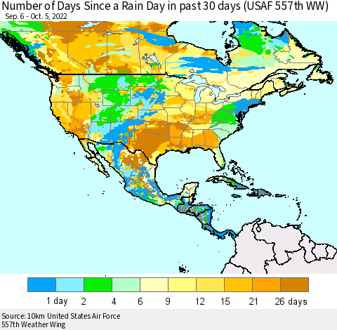 North America Number of Days Since a Rain Day in past 30 days (USAF 557th WW) Thematic Map For 10/1/2022 - 10/5/2022
