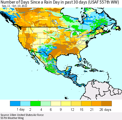 North America Number of Days Since a Rain Day in past 30 days (USAF 557th WW) Thematic Map For 10/6/2022 - 10/10/2022