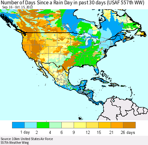 North America Number of Days Since a Rain Day in past 30 days (USAF 557th WW) Thematic Map For 10/11/2022 - 10/15/2022