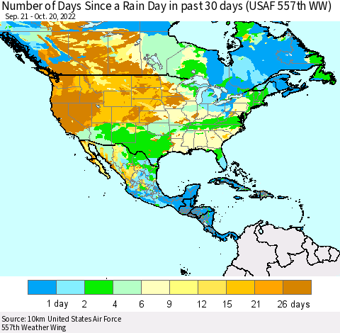 North America Number of Days Since a Rain Day in past 30 days (USAF 557th WW) Thematic Map For 10/16/2022 - 10/20/2022