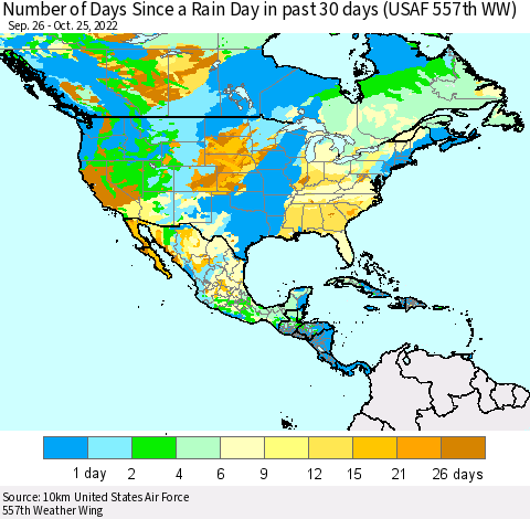 North America Number of Days Since a Rain Day in past 30 days (USAF 557th WW) Thematic Map For 10/21/2022 - 10/25/2022