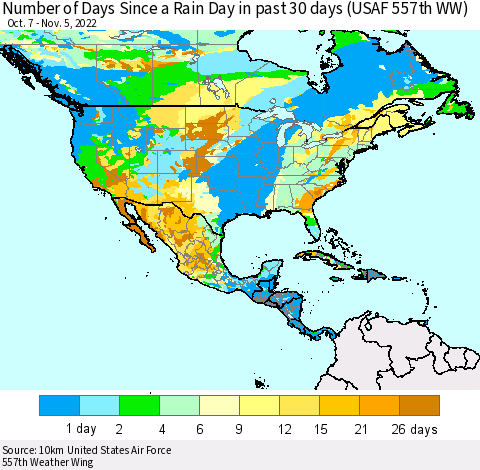 North America Number of Days Since a Rain Day in past 30 days (USAF 557th WW) Thematic Map For 11/1/2022 - 11/5/2022