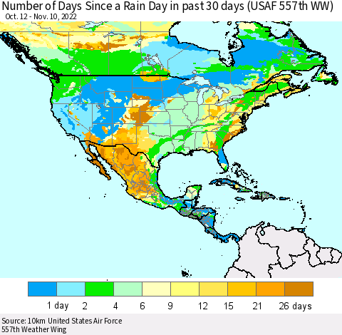 North America Number of Days Since a Rain Day in past 30 days (USAF 557th WW) Thematic Map For 11/6/2022 - 11/10/2022