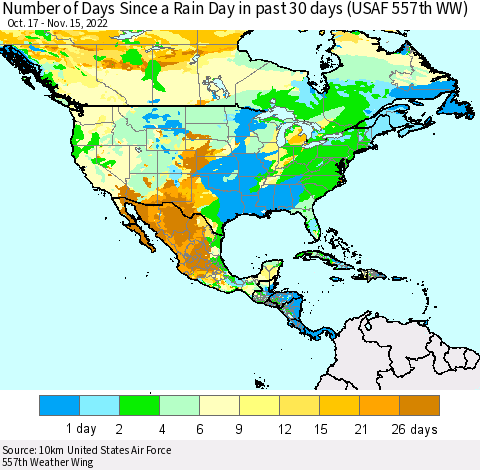 North America Number of Days Since a Rain Day in past 30 days (USAF 557th WW) Thematic Map For 11/11/2022 - 11/15/2022