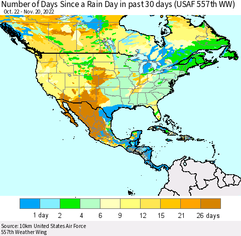 North America Number of Days Since a Rain Day in past 30 days (USAF 557th WW) Thematic Map For 11/16/2022 - 11/20/2022