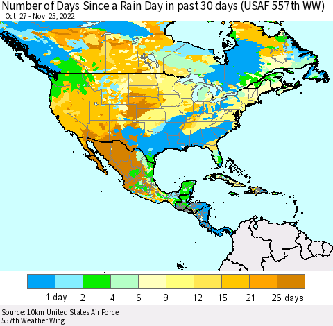 North America Number of Days Since a Rain Day in past 30 days (USAF 557th WW) Thematic Map For 11/21/2022 - 11/25/2022
