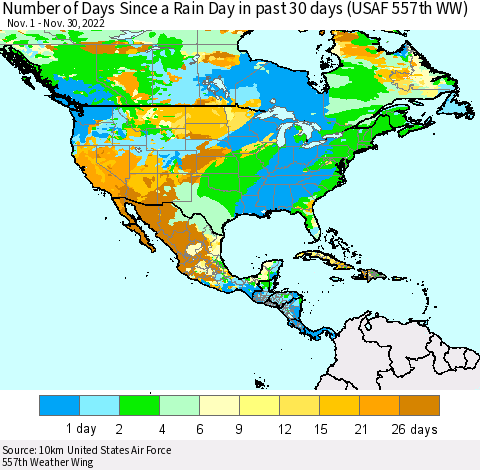 North America Number of Days Since a Rain Day in past 30 days (USAF 557th WW) Thematic Map For 11/26/2022 - 11/30/2022
