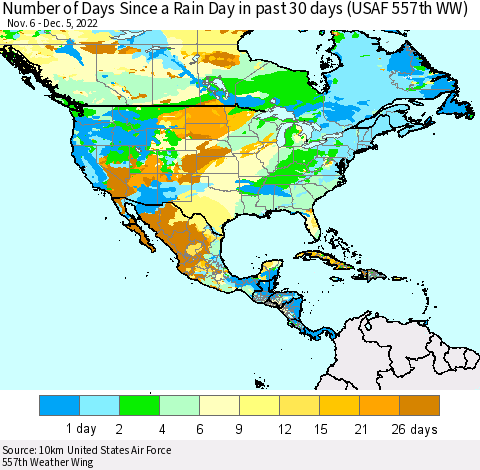 North America Number of Days Since a Rain Day in past 30 days (USAF 557th WW) Thematic Map For 12/1/2022 - 12/5/2022