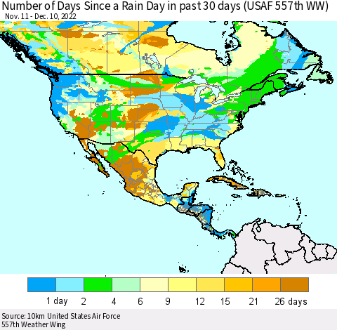 North America Number of Days Since a Rain Day in past 30 days (USAF 557th WW) Thematic Map For 12/6/2022 - 12/10/2022
