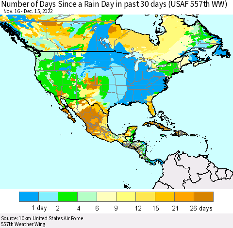 North America Number of Days Since a Rain Day in past 30 days (USAF 557th WW) Thematic Map For 12/11/2022 - 12/15/2022