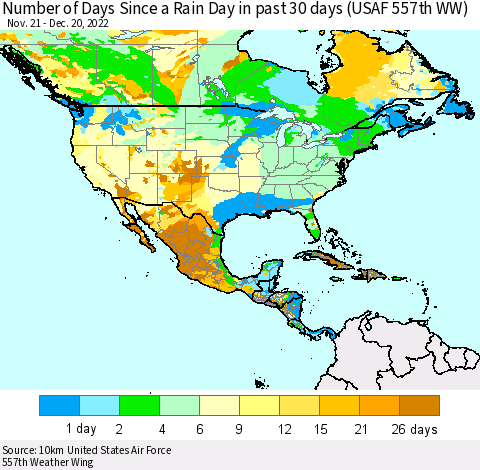 North America Number of Days Since a Rain Day in past 30 days (USAF 557th WW) Thematic Map For 12/16/2022 - 12/20/2022