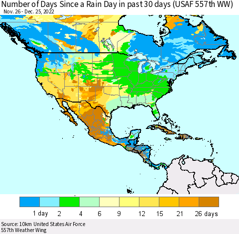 North America Number of Days Since a Rain Day in past 30 days (USAF 557th WW) Thematic Map For 12/21/2022 - 12/25/2022