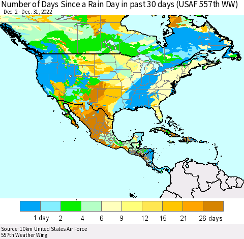 North America Number of Days Since a Rain Day in past 30 days (USAF 557th WW) Thematic Map For 12/26/2022 - 12/31/2022